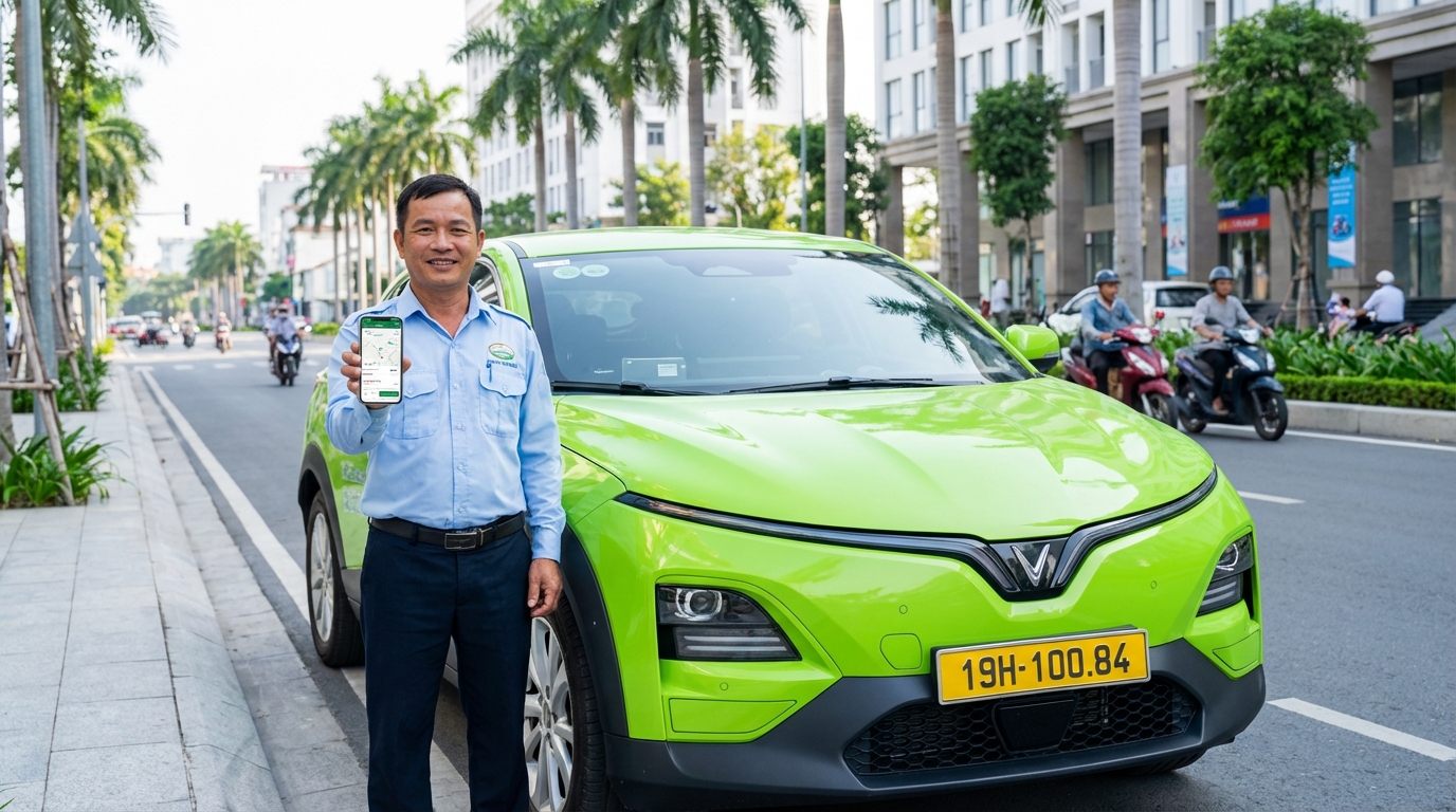 Tài xế taxi chuyên nghiệp cầm điện thoại với app đặt xe bên cạnh xe VinFast