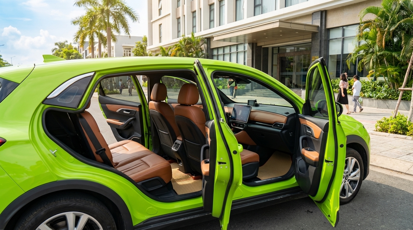 Taxi 4 chỗ VinFast VF6 màu xanh cốm tại Long Xuyên