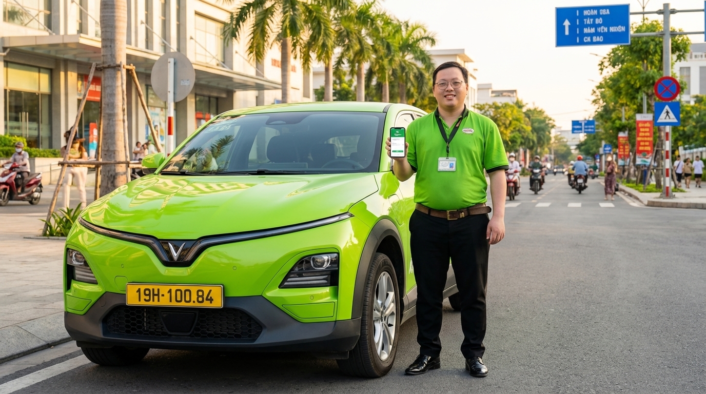 Tài xế taxi chuyên nghiệp đứng cạnh xe VinFast VF6 màu xanh cốm tại Long Xuyên
