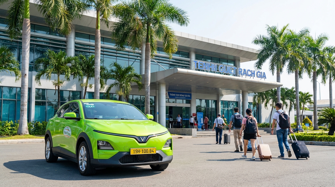 Taxi VinFast màu xanh cốm đậu trước bến tàu Rạch Giá với hành khách mang hành lý
