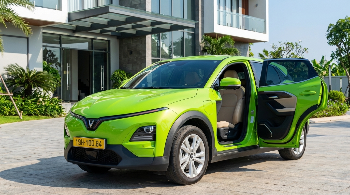 Taxi VinFast VF6 màu xanh cốm đậu trước tòa nhà hiện đại tại Long Xuyên
