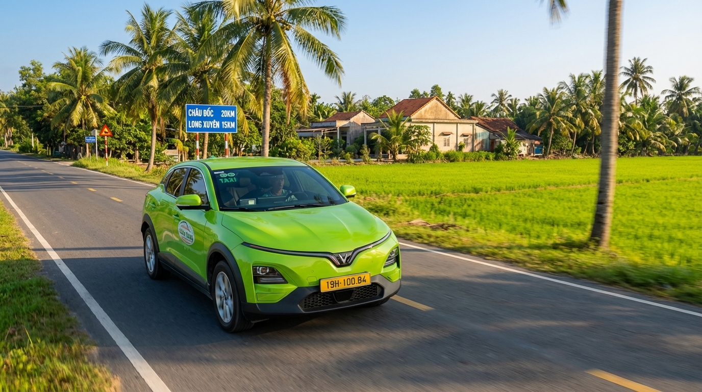 Taxi VinFast VF6 trên đường Long Xuyên đi Châu Đốc qua đồng lúa xanh
