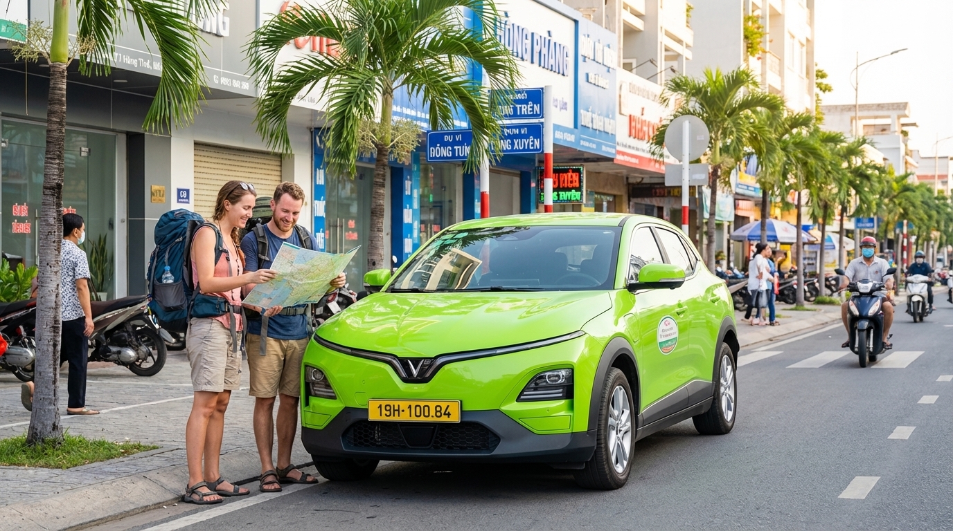 Taxi VinFast VF6 xanh cốm đón khách nước ngoài tại Long Xuyên