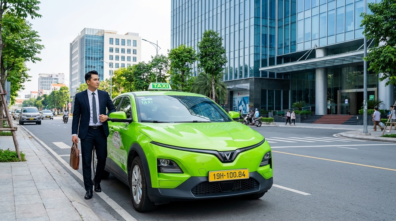 Doanh nhân bước ra từ taxi VinFast VF6 tại trung tâm Long Xuyên