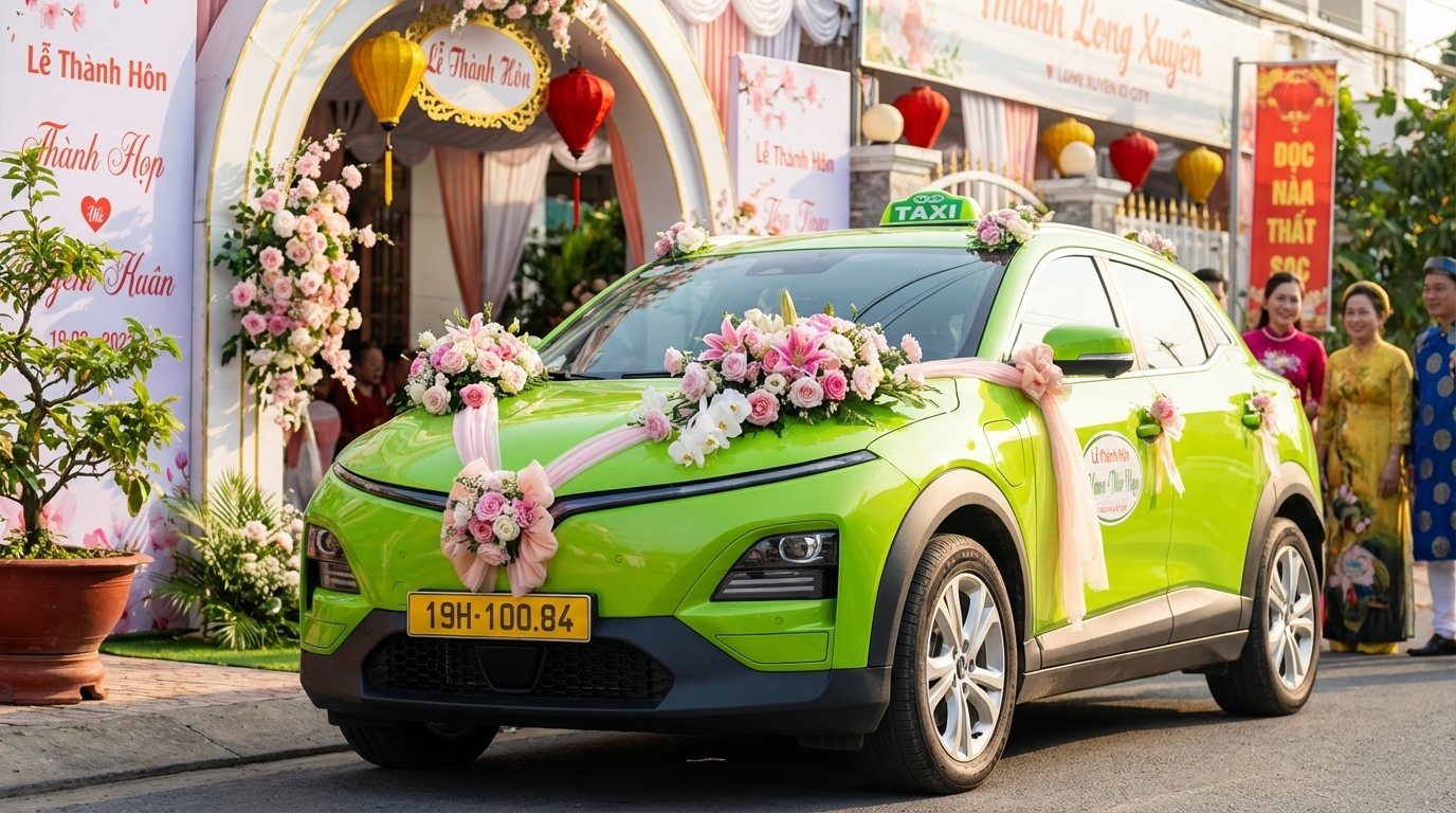Taxi VinFast VF6 trang trí hoa cưới tại Long Xuyên