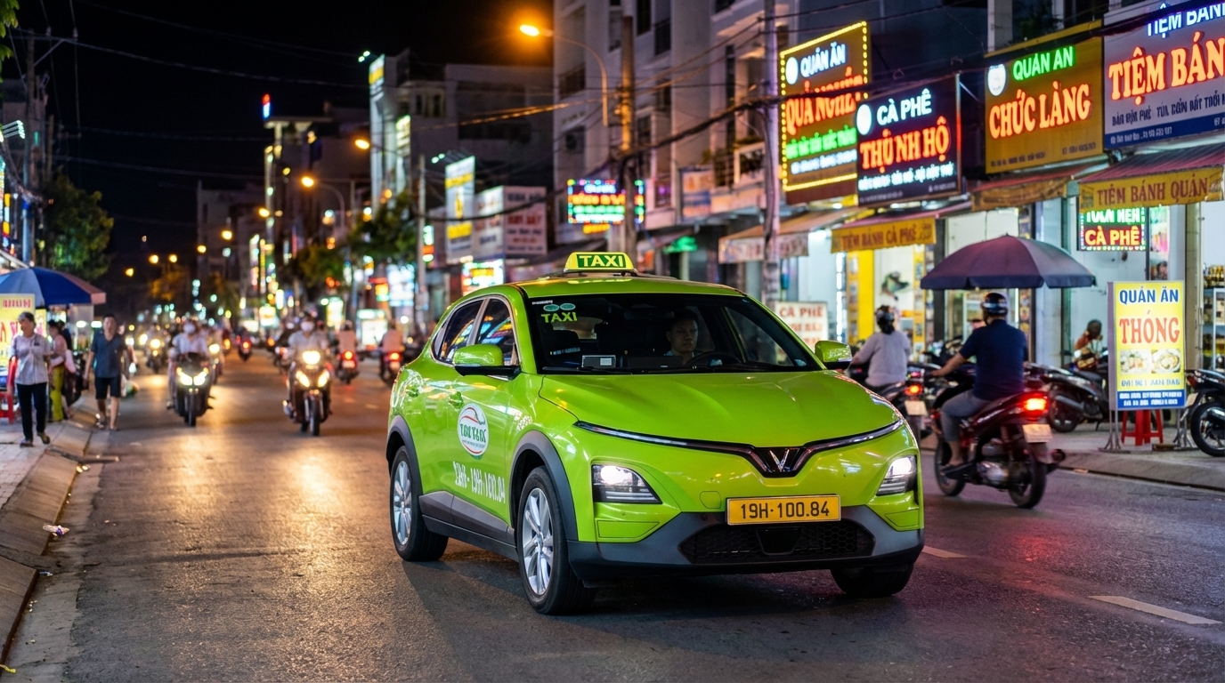 Taxi VinFast VF6 màu xanh cốm chạy trên đường phố Long Xuyên ban đêm