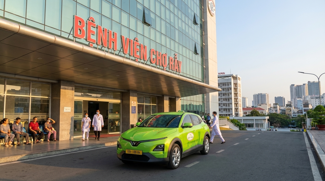 Taxi VinFast VF6 đậu trước cổng bệnh viện lớn tại Sài Gòn