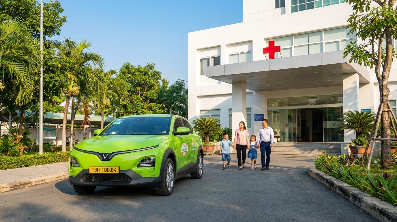 Taxi VinFast VF6 đậu trước cổng bệnh viện ở Long Xuyên