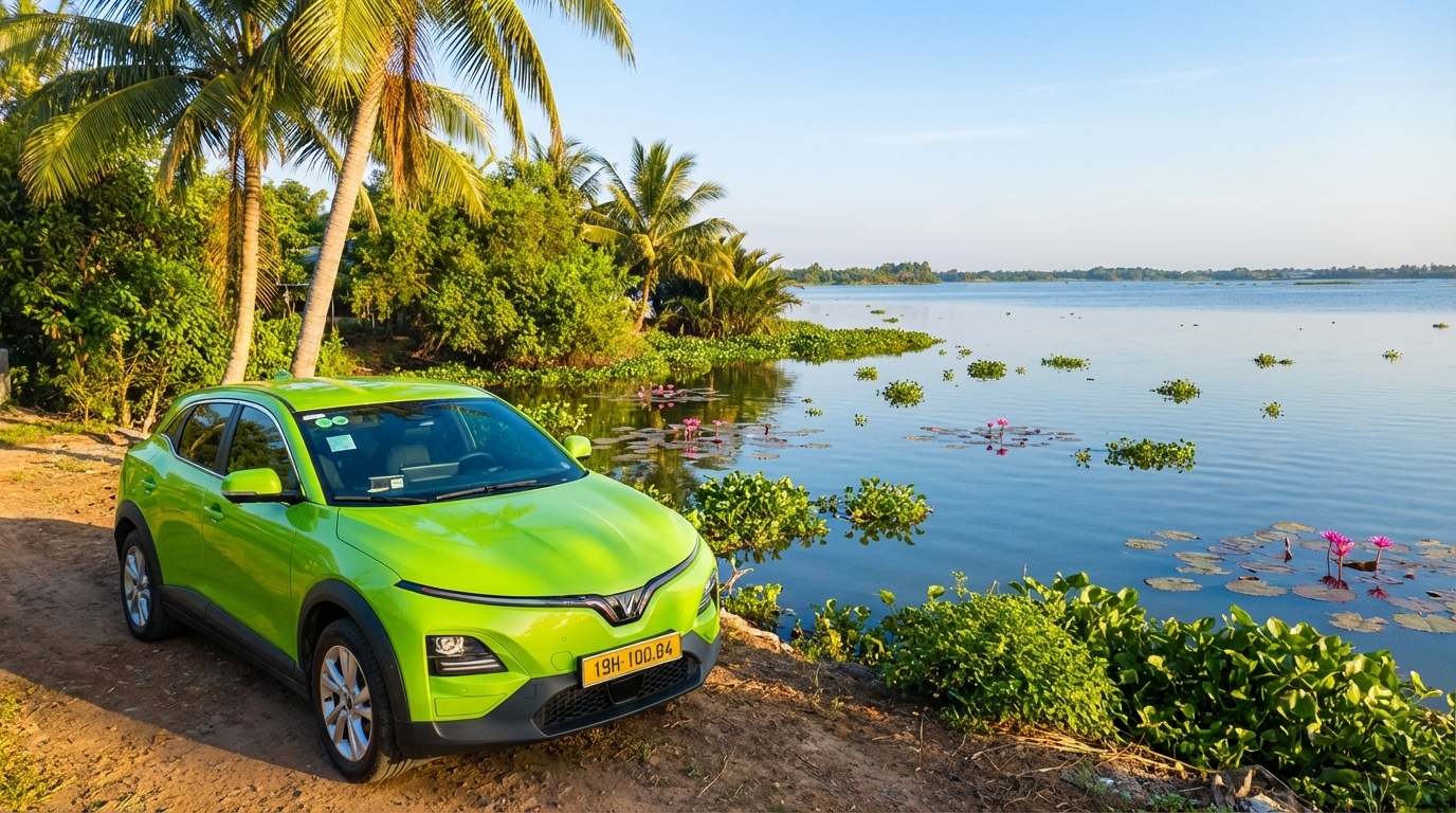 Taxi VinFast VF6 xanh cốm đậu bên hồ Búng Bình Thiên An Giang