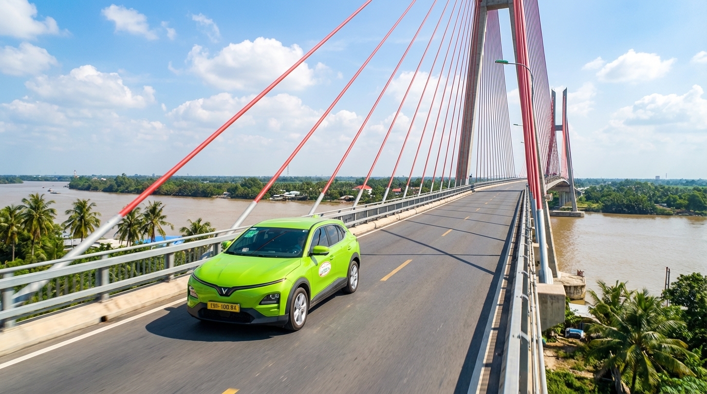 Taxi VinFast VF6 xanh cốm chạy qua cầu Mỹ Thuận trên sông Tiền