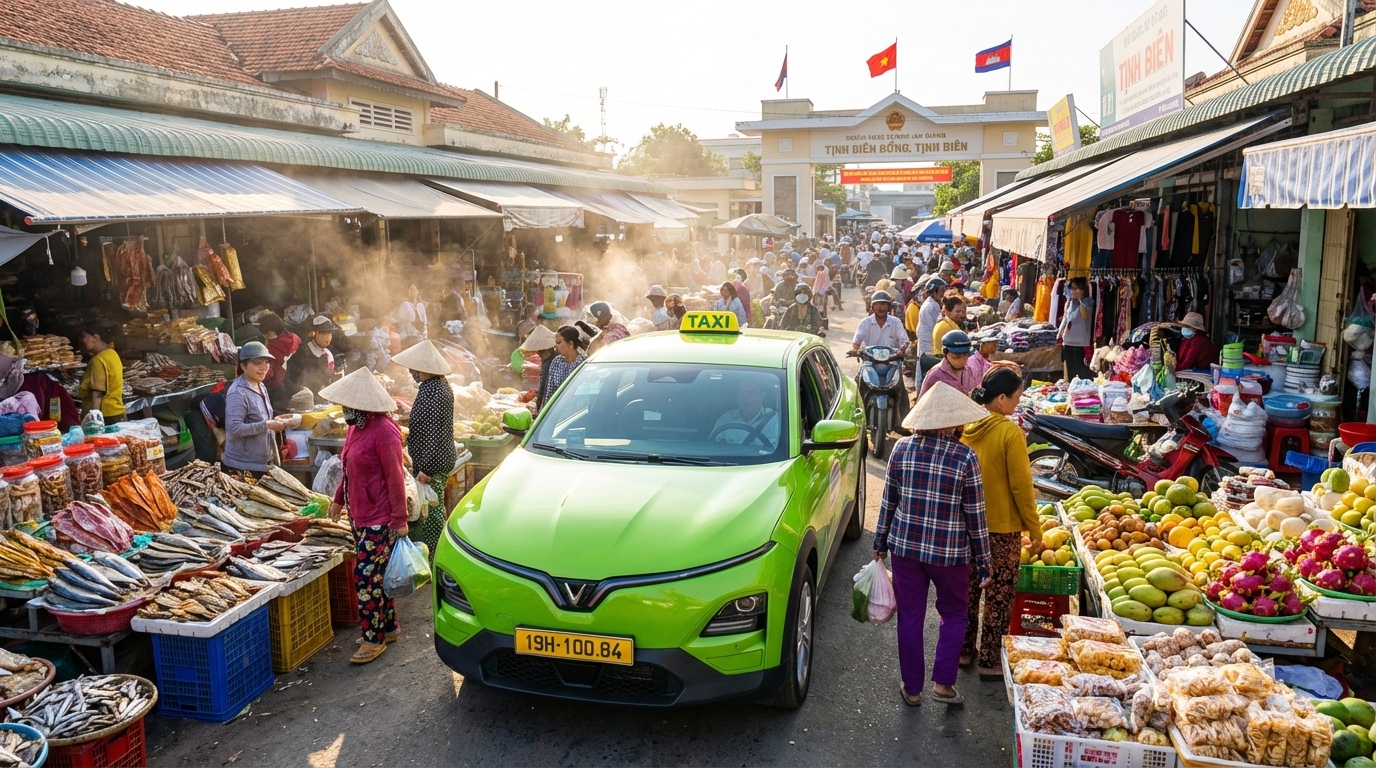 Taxi VinFast VF6 xanh cốm đậu gần chợ Tịnh Biên nhộn nhịp