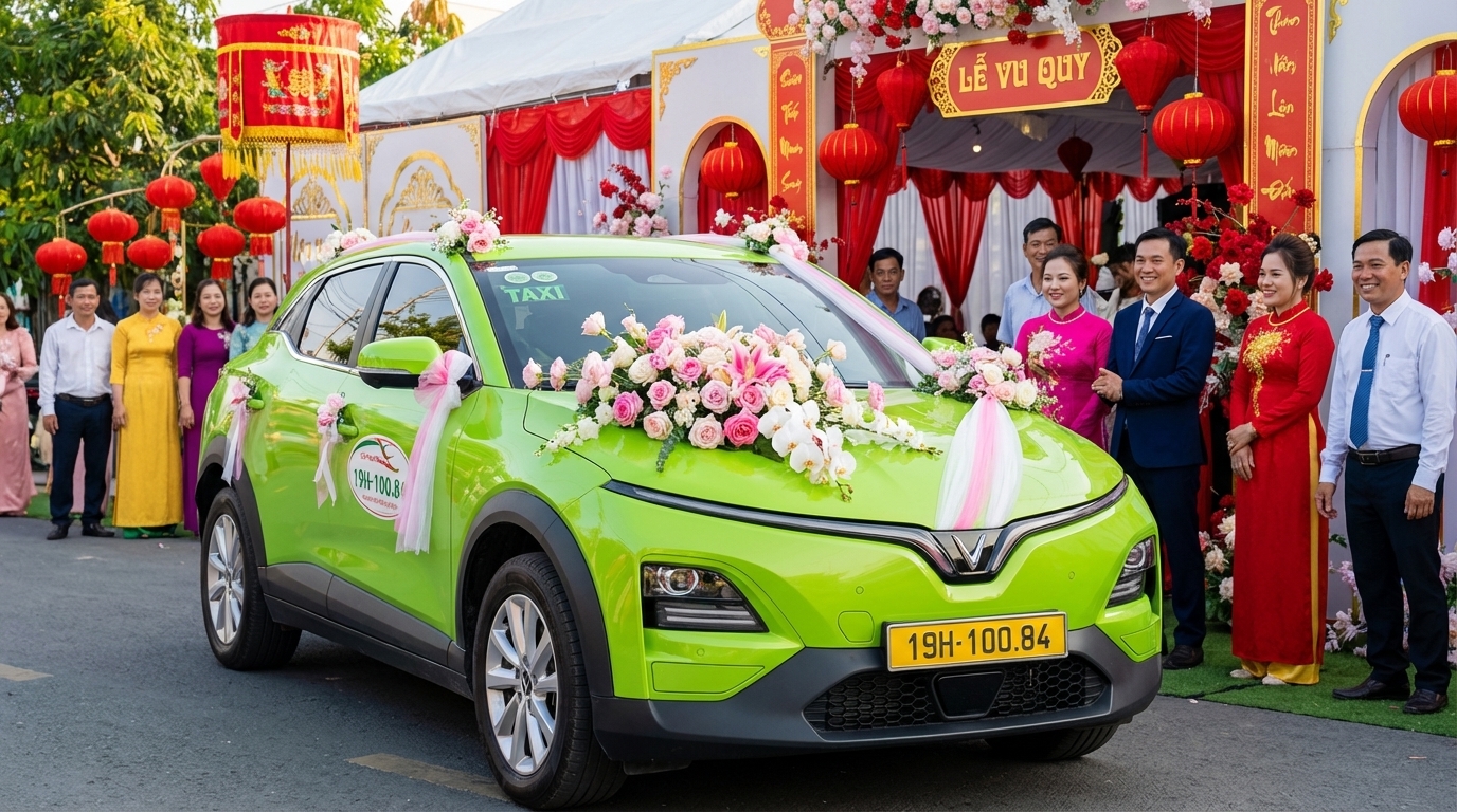 Taxi VinFast VF6 xanh cốm trang trí hoa phục vụ đám cưới tại Long Xuyên
