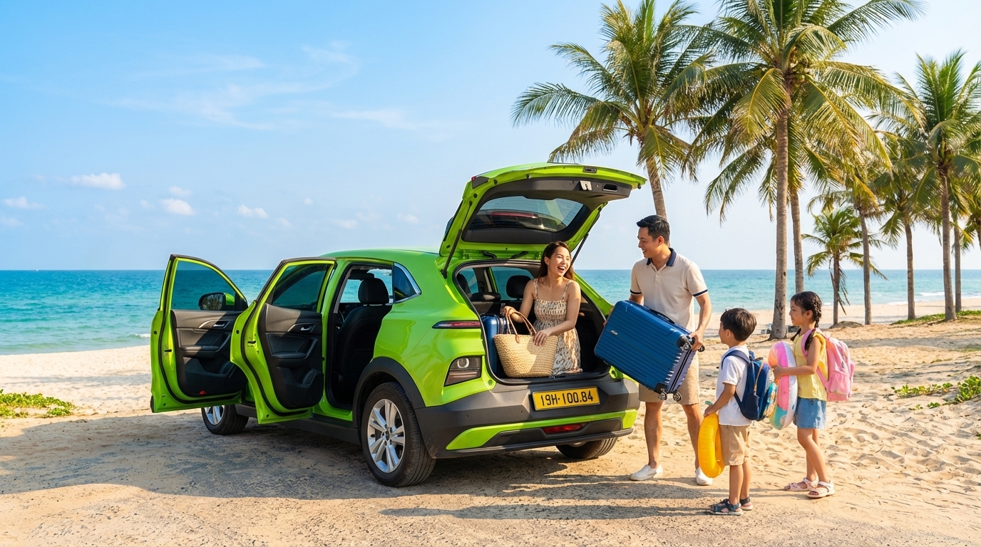 Taxi VinFast VF6 màu xanh cốm đón gia đình đi du lịch hè với hành lý đầy xe