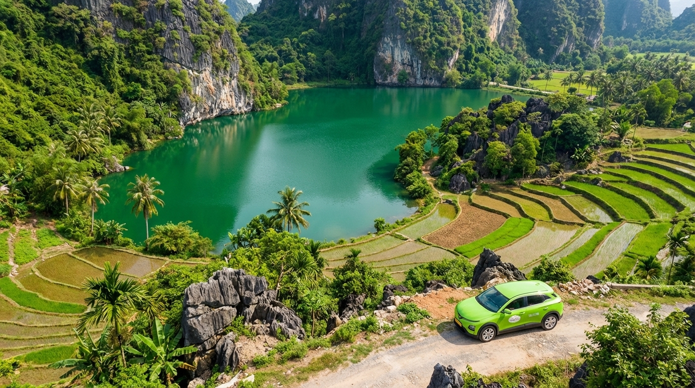 Taxi VinFast VF6 tại hồ Tà Pa Tri Tôn với núi đá và hồ nước xanh ngọc