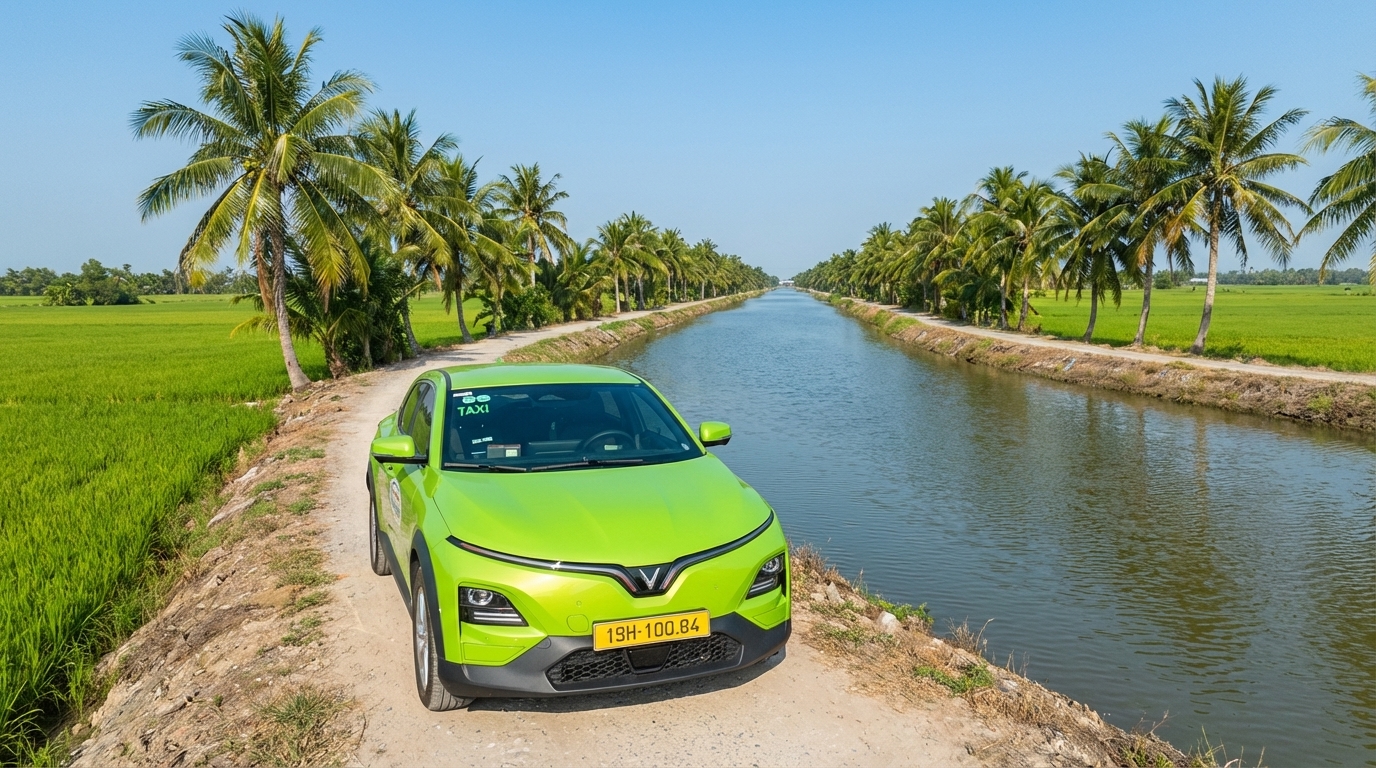 Taxi VinFast VF6 chạy dọc kênh Vĩnh Tế An Giang với đồng lúa hai bên