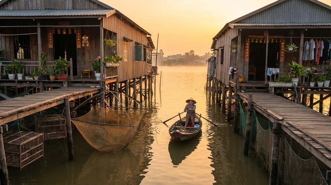 Nhà bè nuôi cá trên sông Bassac, Châu Đốc