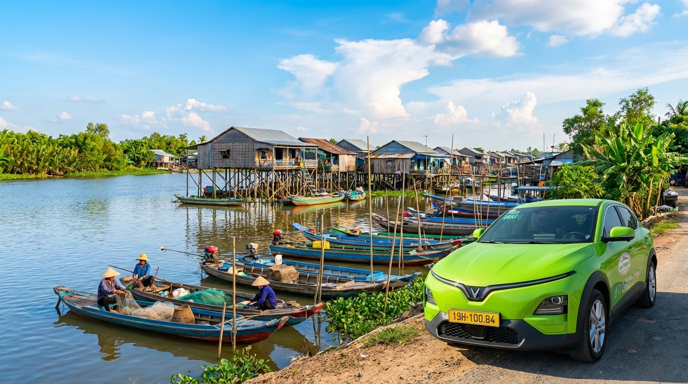 Làng nổi Châu Đốc trên sông Bassac với những nhà bè nuôi cá và taxi VinFast VF6 đậu bên bờ