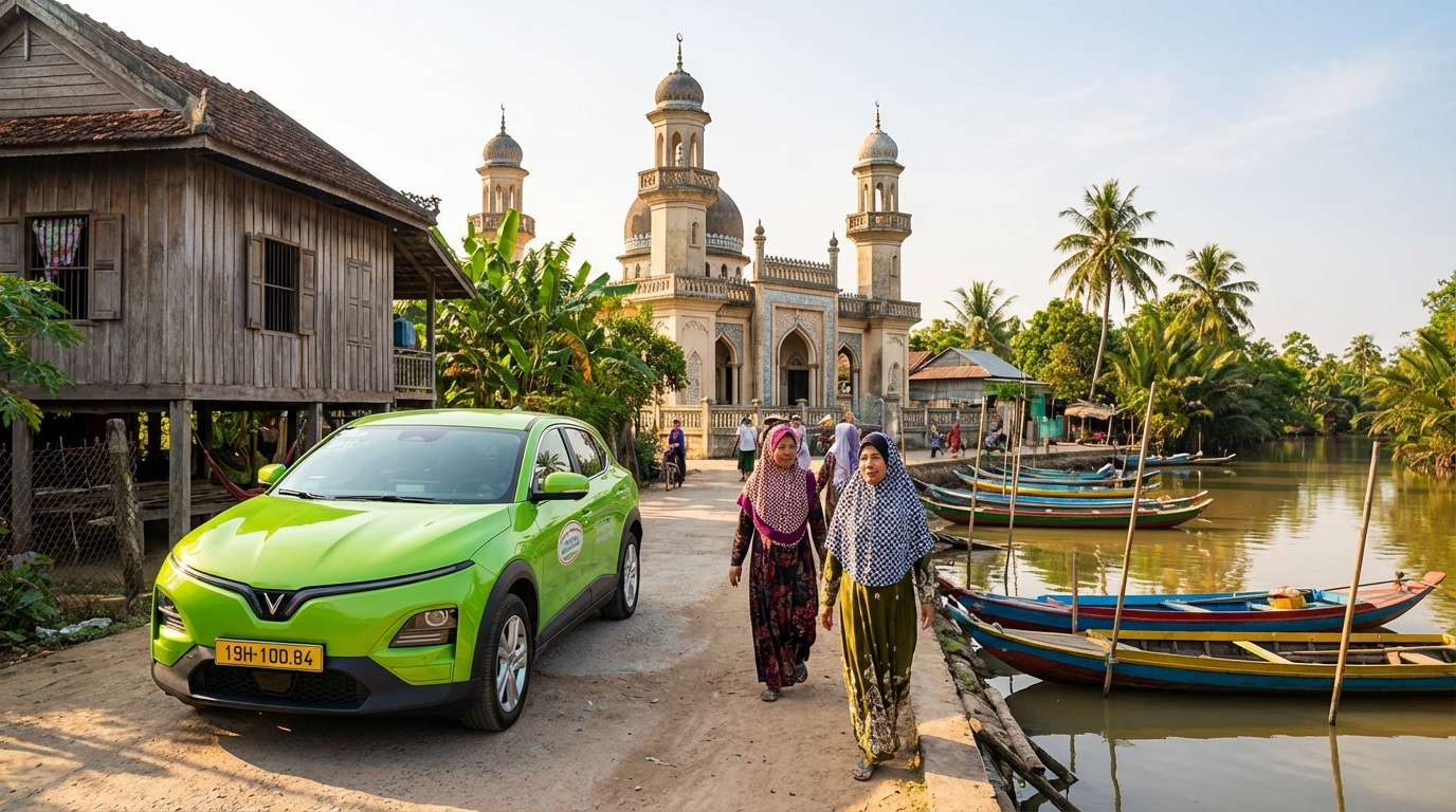 Taxi VinFast VF6 đậu trước làng Chăm Châu Giang An Giang