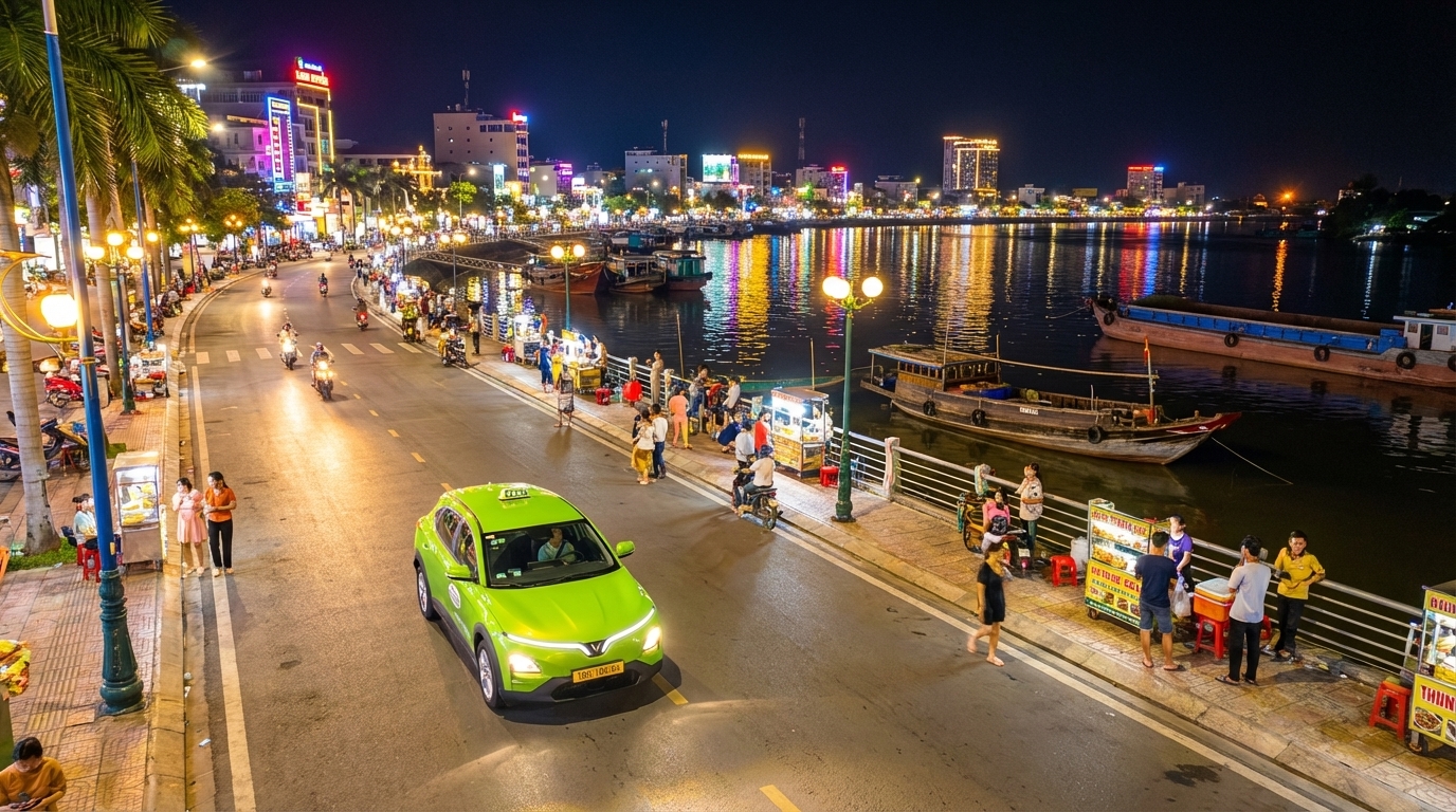 Long Xuyên về đêm với đèn sáng lung linh ven sông Hậu và taxi VinFast VF6