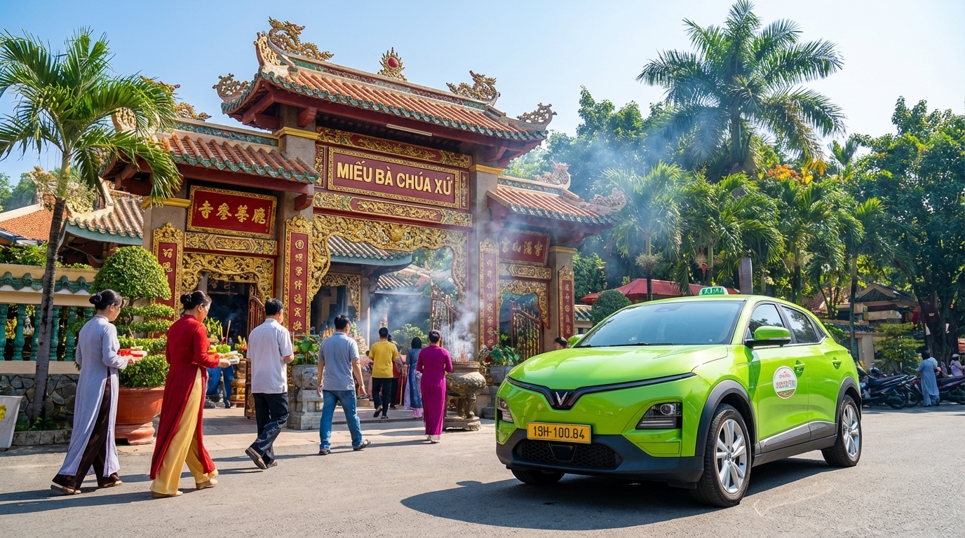 Taxi VinFast VF6 đậu trước Miếu Bà Chúa Xứ Núi Sam, Châu Đốc