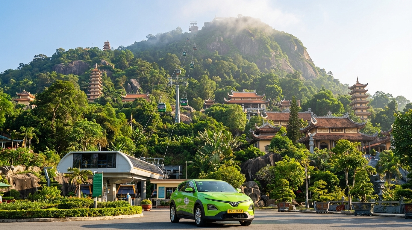 Taxi VinFast VF6 tại chân núi Cấm An Giang với cáp treo phía sau