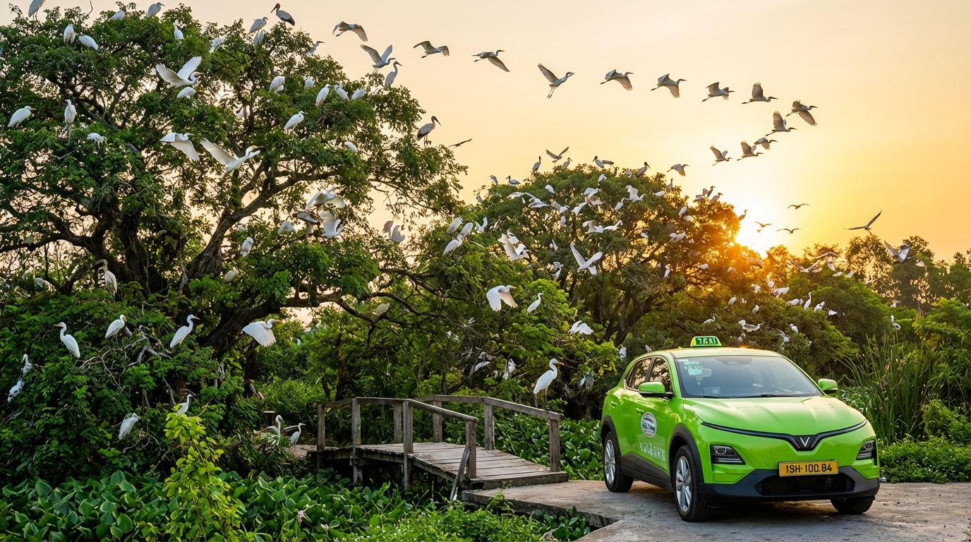 Taxi VinFast VF6 tại vườn cò Bằng Lăng An Giang với hàng ngàn con cò trắng