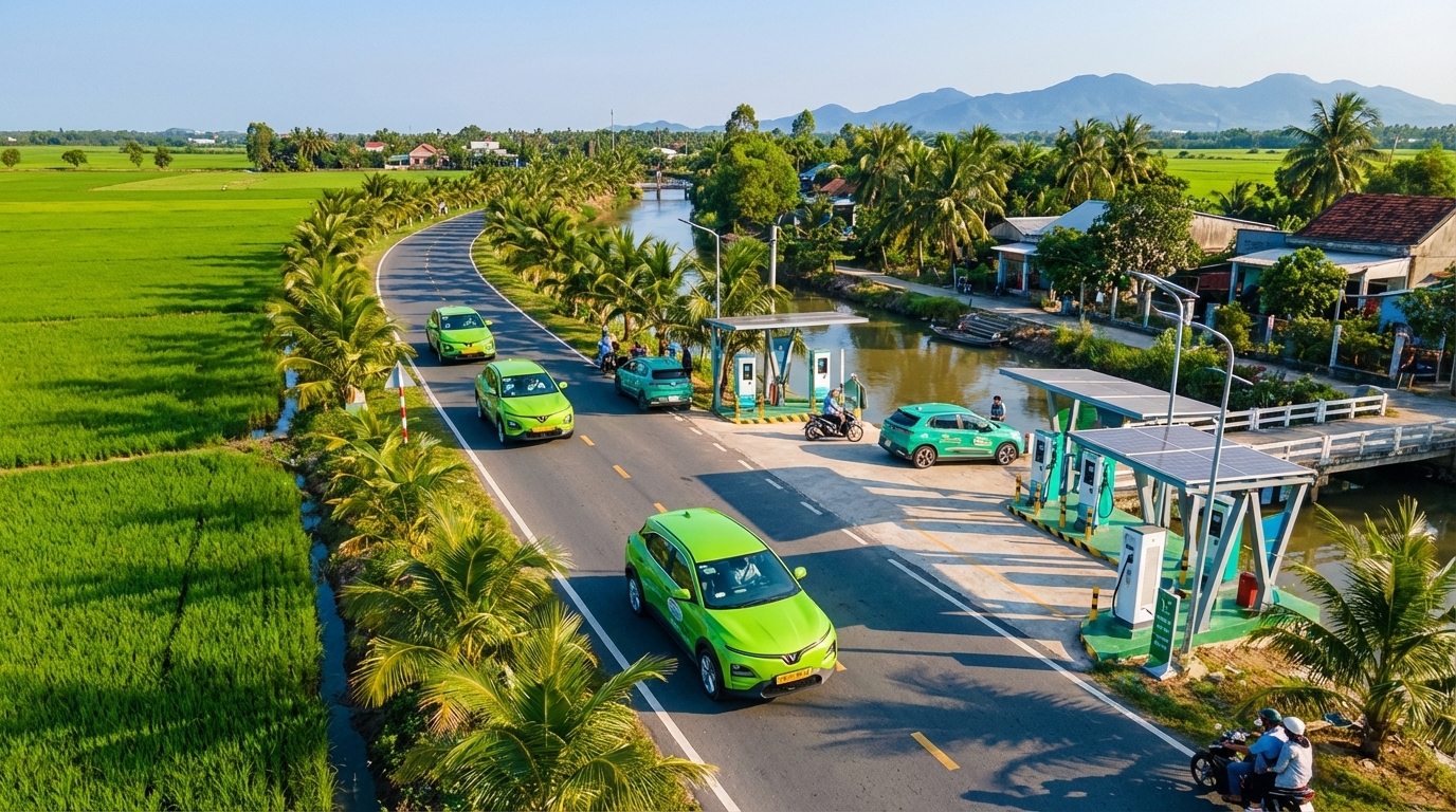 Taxi điện VinFast VF6 trên đường phố An Giang — xu hướng di chuyển xanh 2026