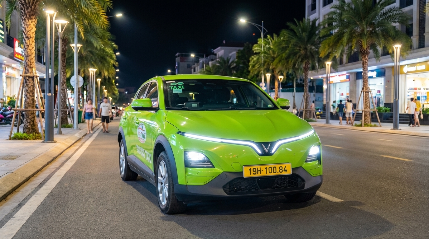 Xe taxi điện VinFast VF6 an toàn trên đường phố Long Xuyên