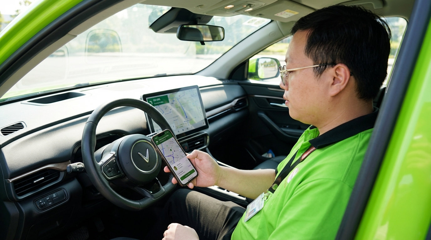 Tài xế sử dụng ứng dụng công nghệ trong taxi điện VinFast