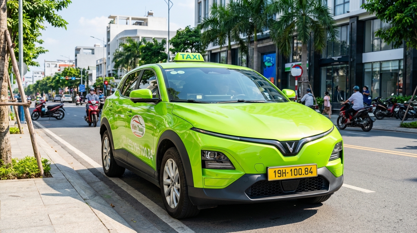 Taxi điện VinFast VF6 màu xanh cốm hiện đại tại Long Xuyên