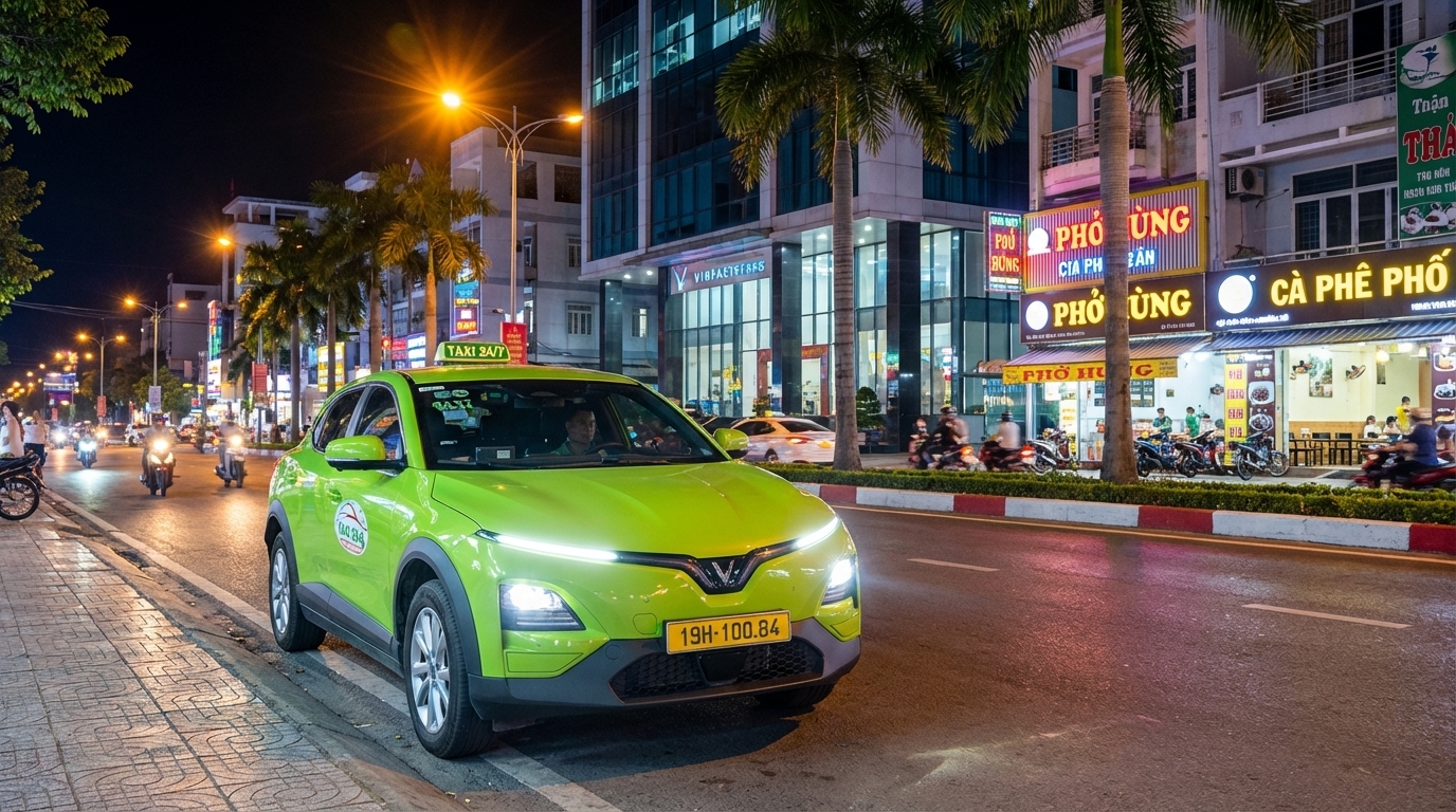 Taxi điện VinFast VF6 màu xanh cốm sẵn sàng phục vụ ban đêm tại Long Xuyên