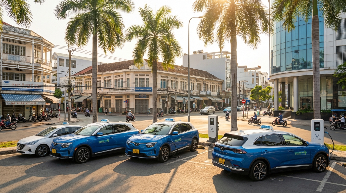 Taxi điện tại trạm sạc ở Long Xuyên An Giang