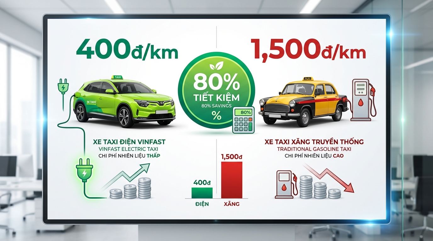 So sánh chi phí taxi điện 400đ/km vs taxi xăng 1500đ/km - tiết kiệm 80%