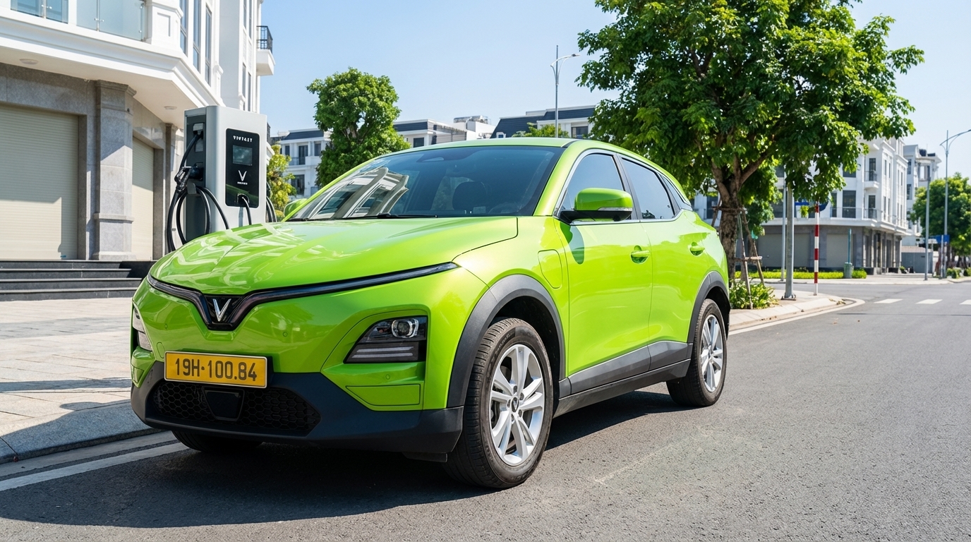 Taxi điện VinFast VF6 màu xanh cốm đậu tại Long Xuyên với thiết kế hiện đại và trạm sạc