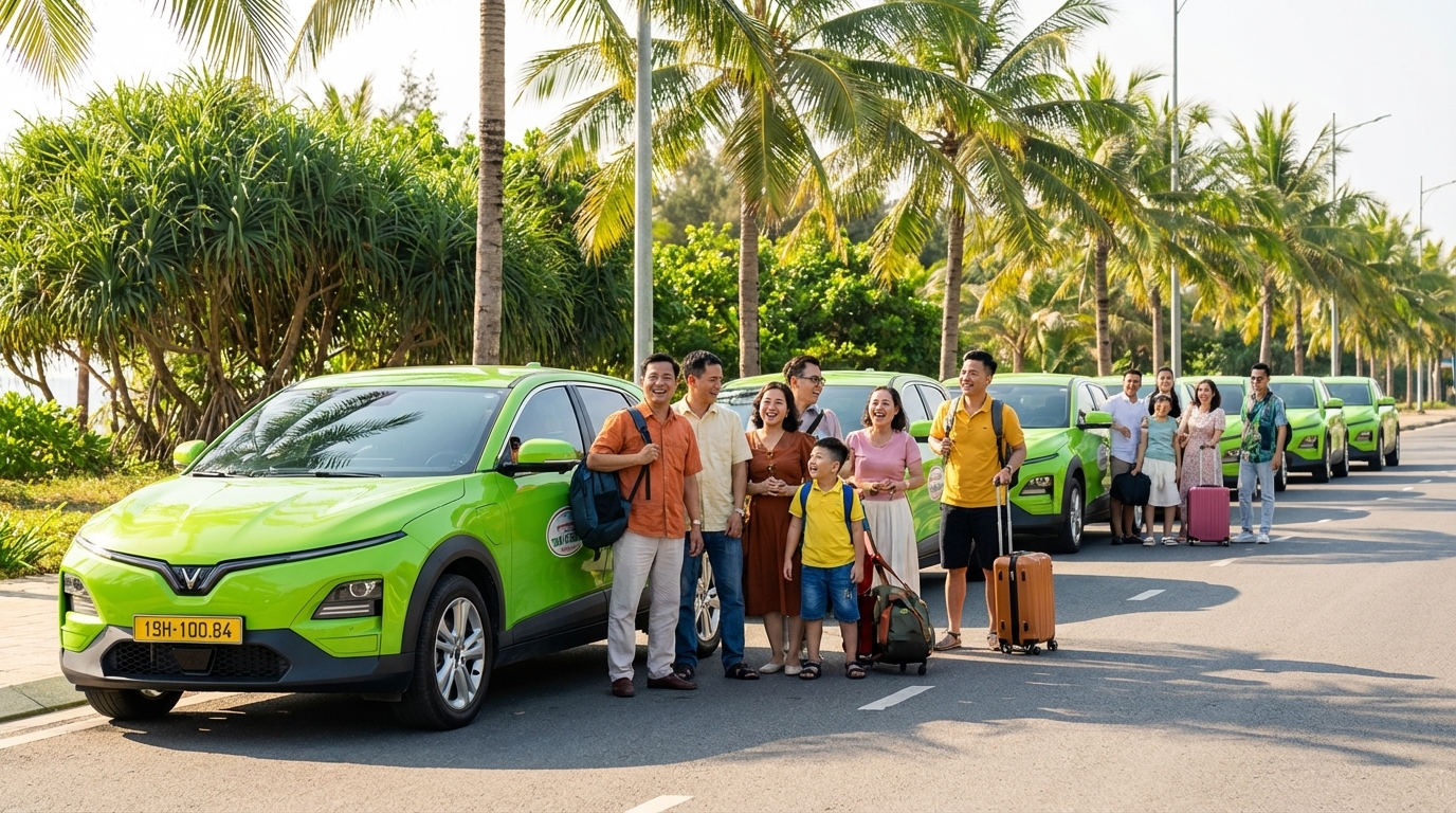 Đoàn taxi VinFast VF6 xanh cốm phục vụ nhóm khách du lịch mùa hè