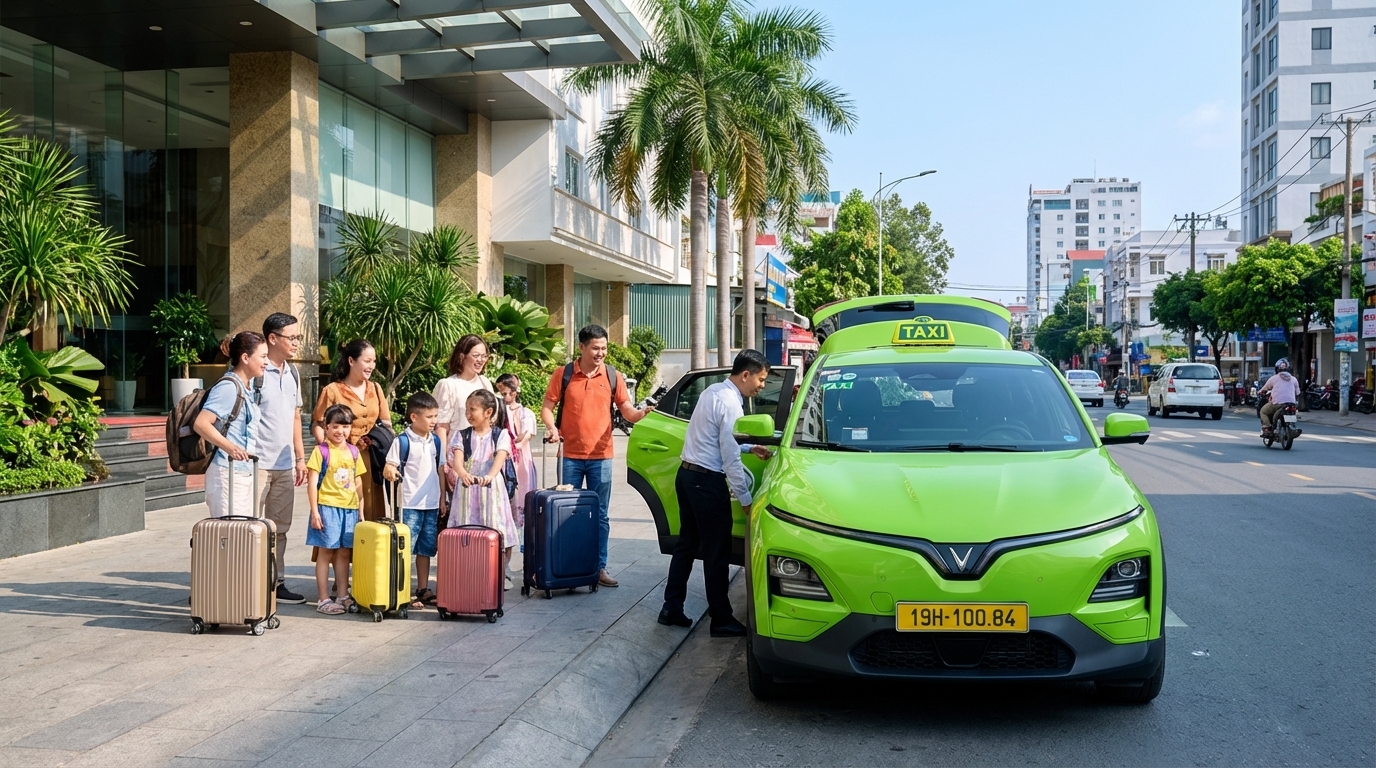Taxi VinFast VF6 màu xanh cốm đón đoàn khách du lịch tại Long Xuyên