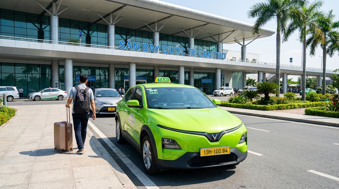 Taxi VinFast VF6 xanh cốm đón khách tại sân bay Cần Thơ