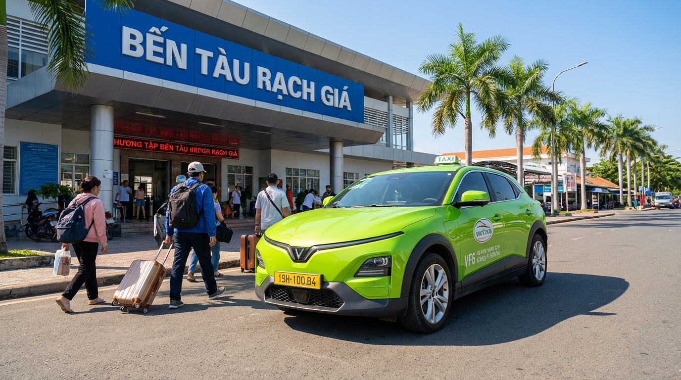 Taxi VinFast đậu trước bến tàu Rạch Giá sẵn sàng phục vụ khách đi Phú Quốc