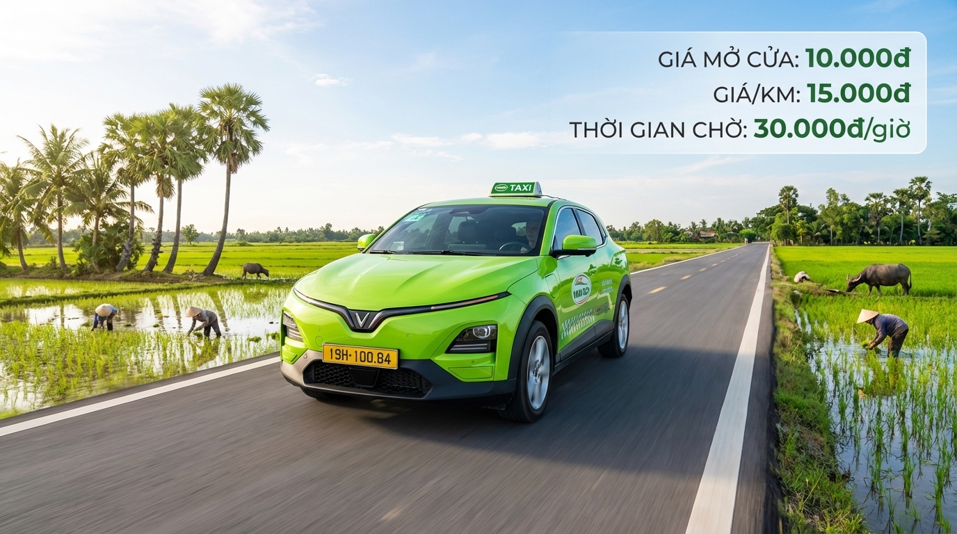 Taxi VinFast VF6 trên đường dài miền Tây với đồng lúa xanh