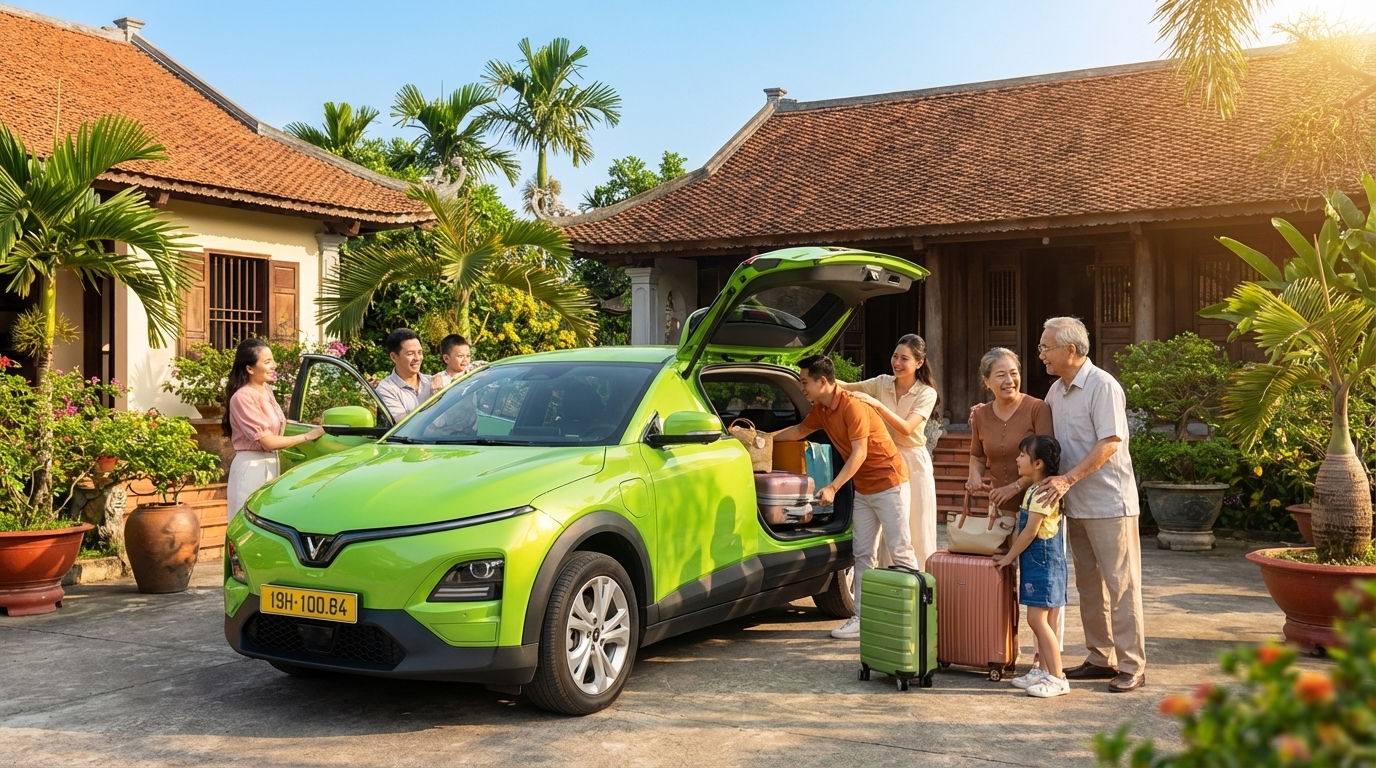 Taxi VinFast VF6 đón gia đình nhiều thế hệ tại nhà ở Long Xuyên