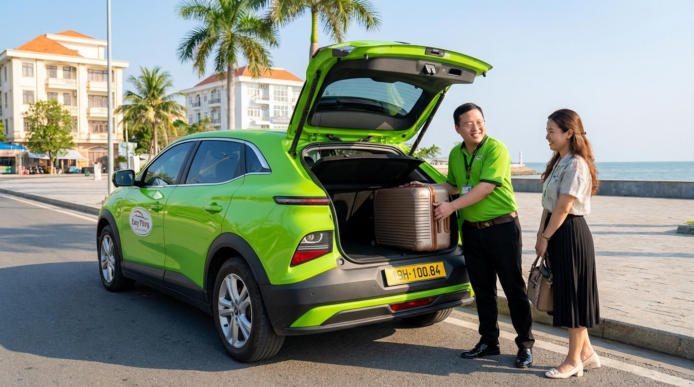 Tài xế taxi chuyên nghiệp hỗ trợ hành lý cho khách tại Hà Tiên