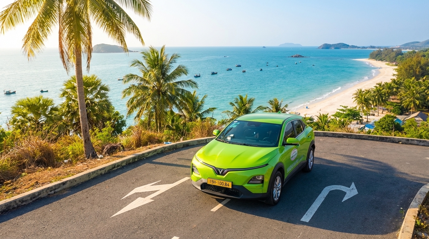 Taxi VinFast VF6 xanh cốm đậu tại điểm ngắm cảnh Hà Tiên với biển Mũi Nai phía xa