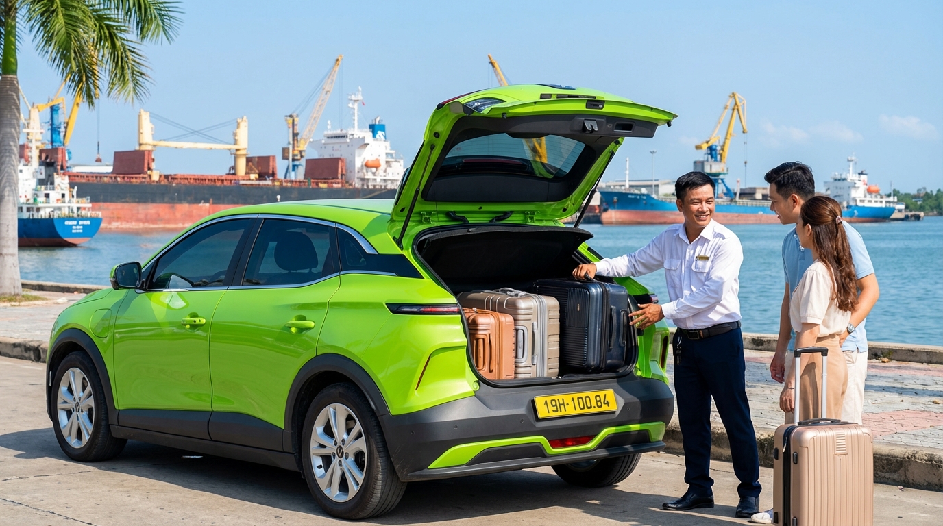 Tài xế taxi hỗ trợ khách xếp hành lý lên xe
