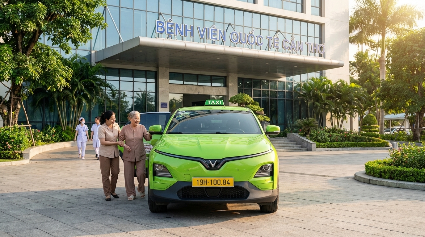 Taxi VinFast VF6 đậu trước bệnh viện Cần Thơ hỗ trợ người cao tuổi