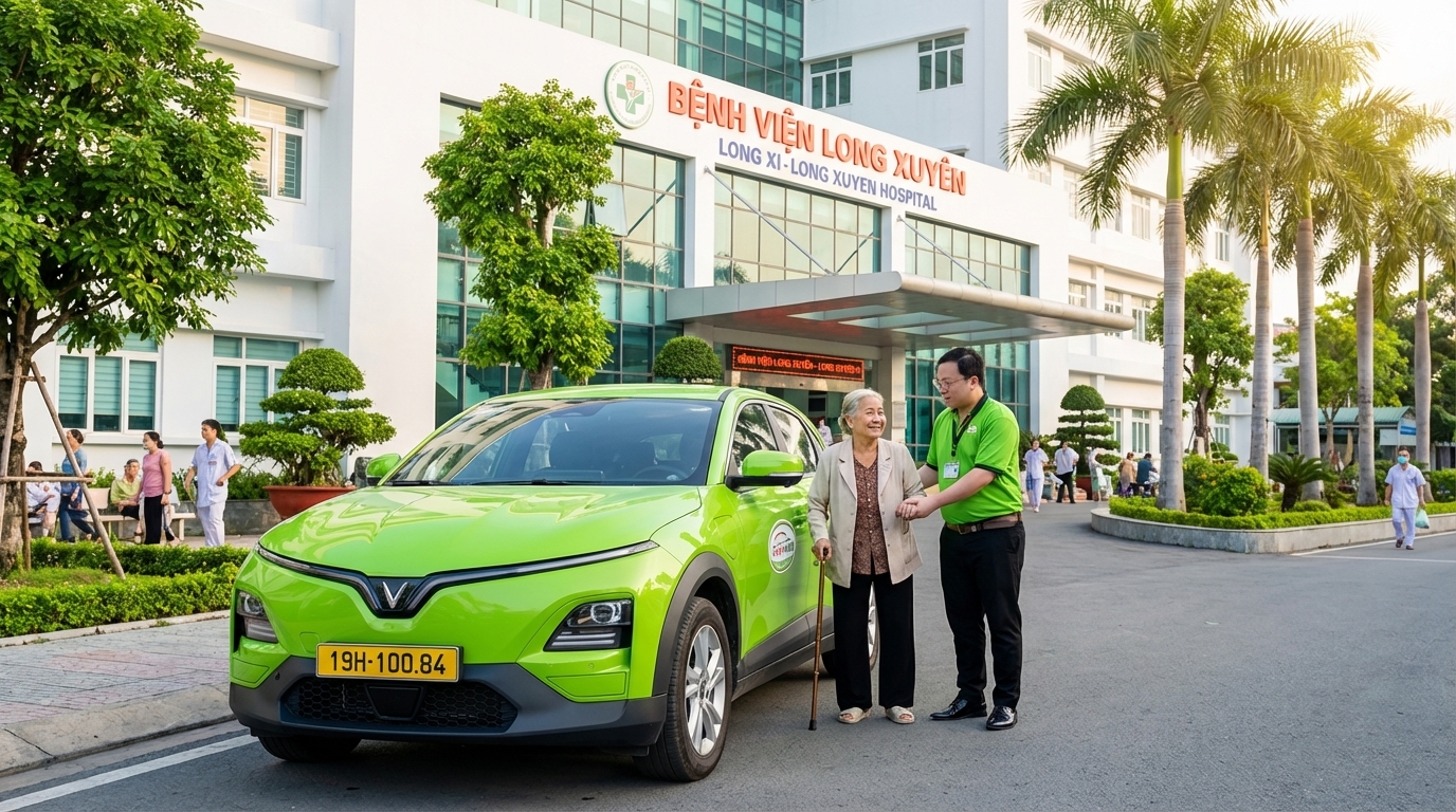 Taxi VinFast VF6 đậu trước bệnh viện Long Xuyên với tài xế hỗ trợ bệnh nhân
