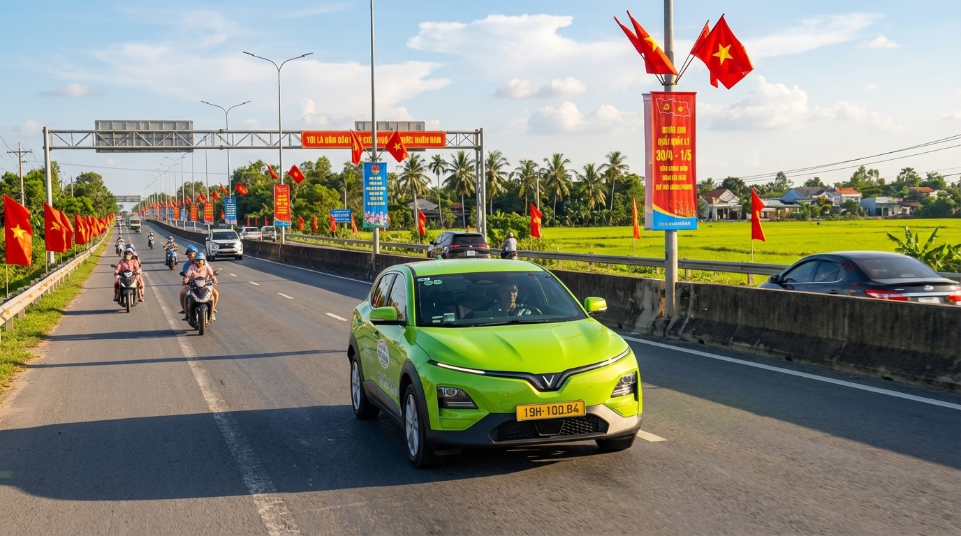 Taxi VinFast VF6 xanh cốm trên đường dịp lễ 30/4 - 1/5 tại Long Xuyên