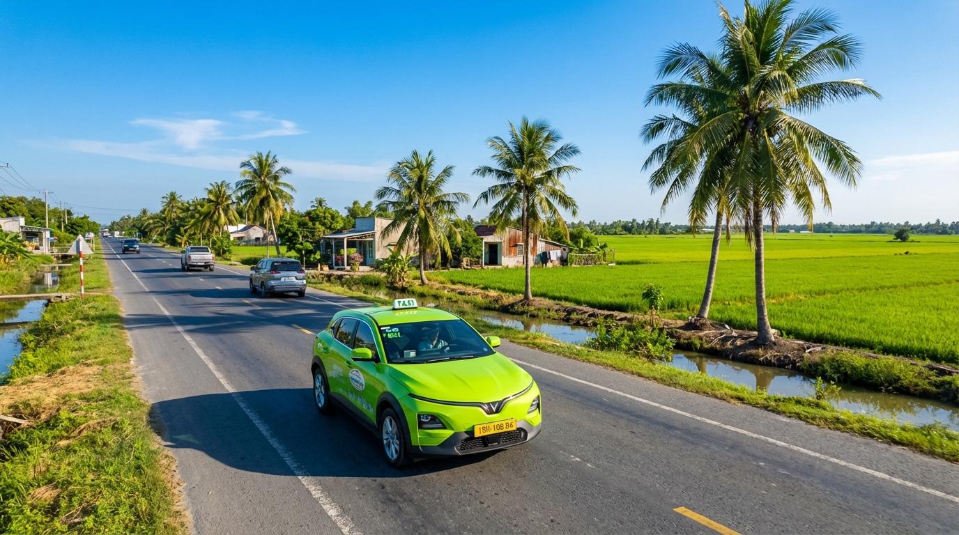 Xe taxi điện VinFast VF6 chạy trên đường Quốc Lộ 91 từ Long Xuyên đến Cần Thơ