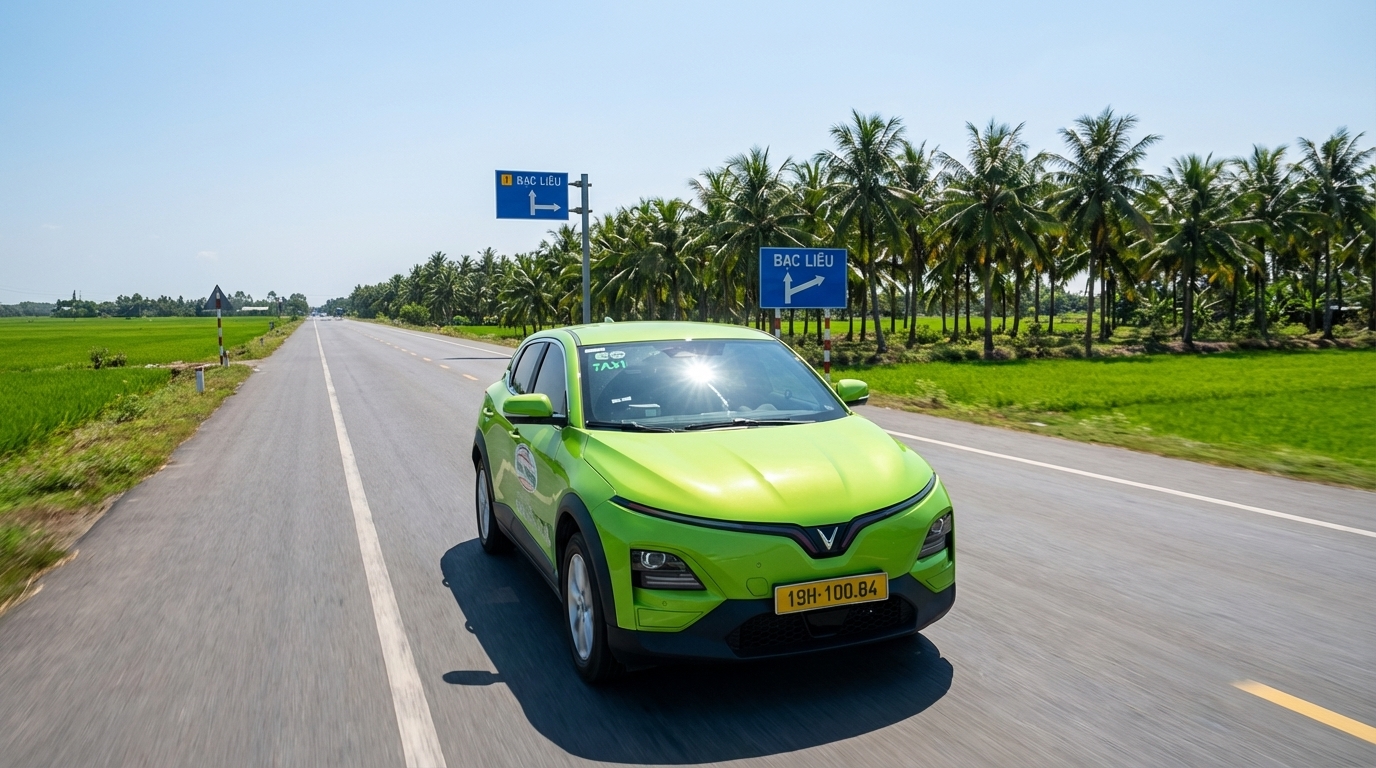 Taxi VinFast VF6 màu xanh cốm trên đường đi Bạc Liêu qua đồng lúa miền Tây