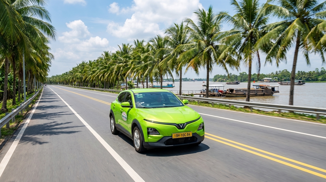 Taxi VinFast VF6 trên đường đi Bến Tre qua cảnh quan dừa xanh miền Tây