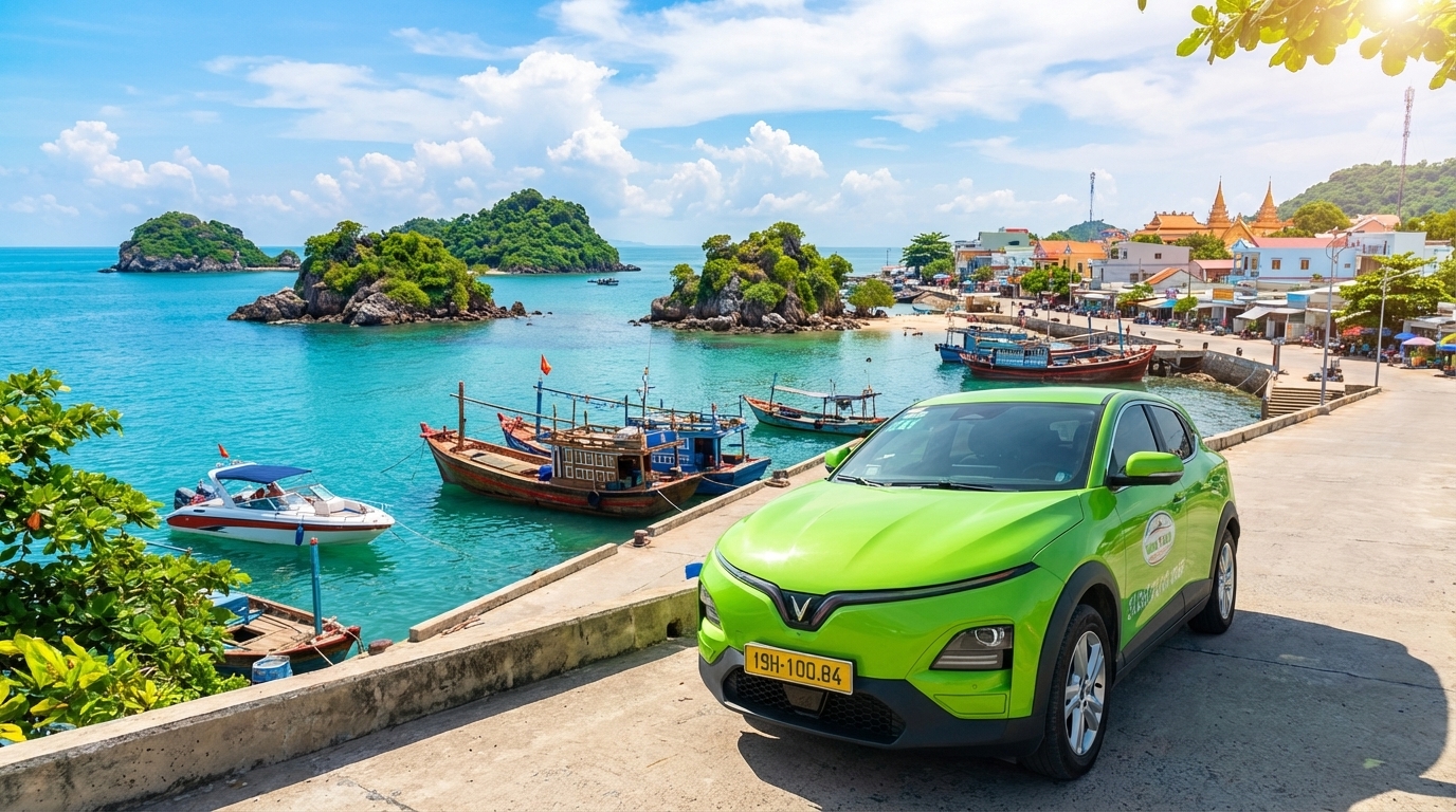 Taxi VinFast VF6 tại bến tàu Hà Tiên với quần đảo Hải Tặc phía xa